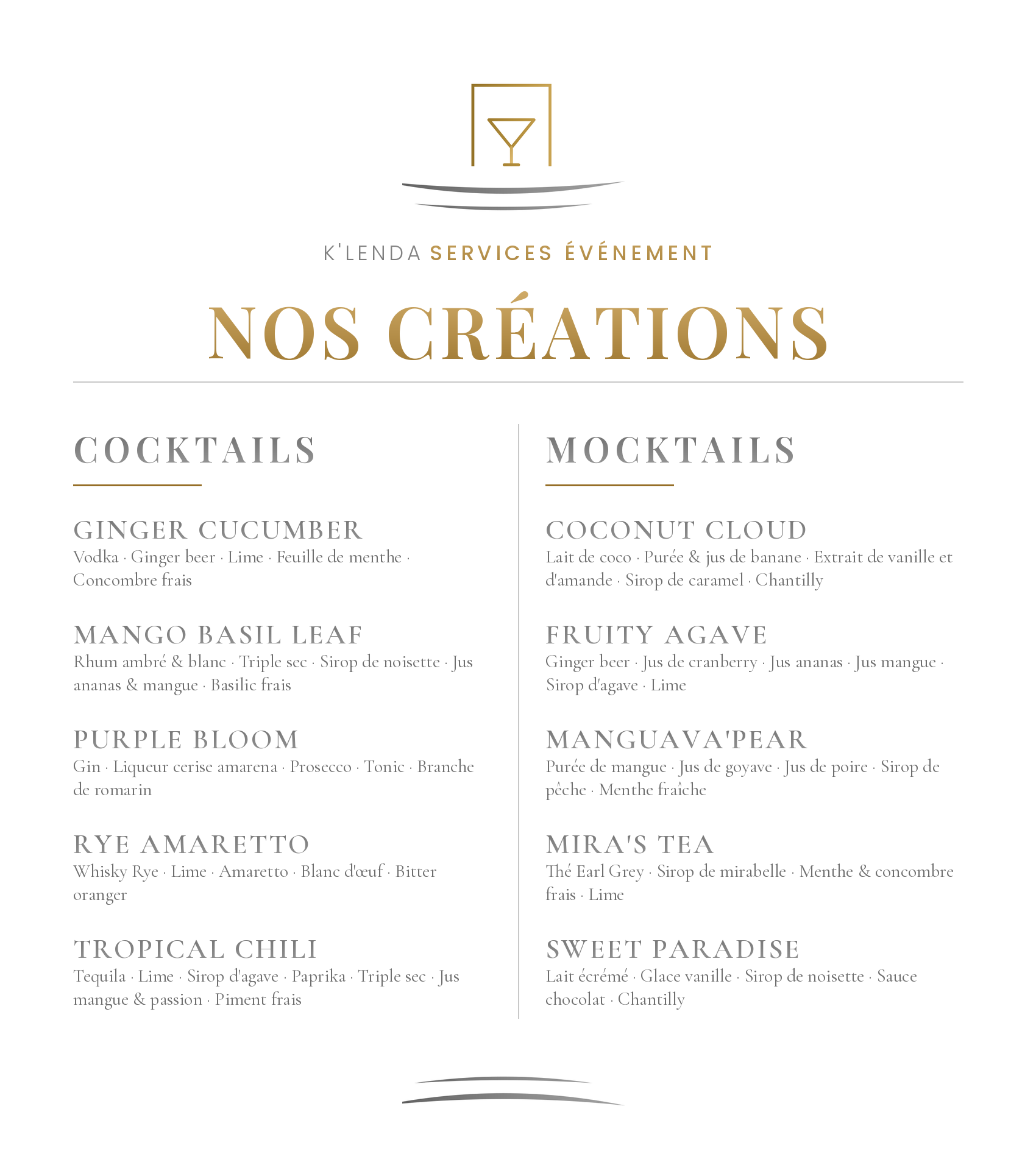 Carte K’lenda présentant cinq cocktails et cinq mocktails avec leurs ingrédients